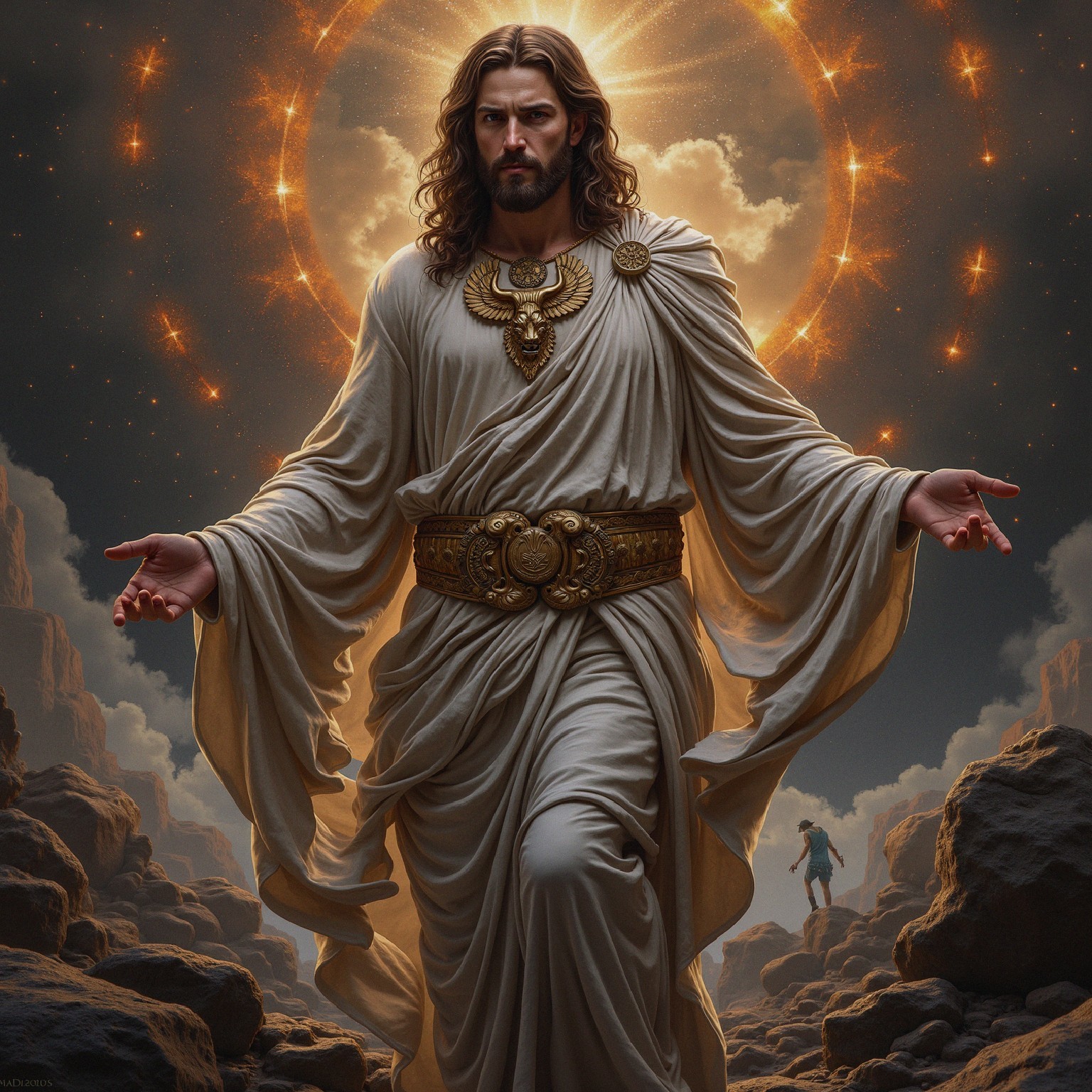 Majestic Figure in Flowing Robes Surrounded by Light
