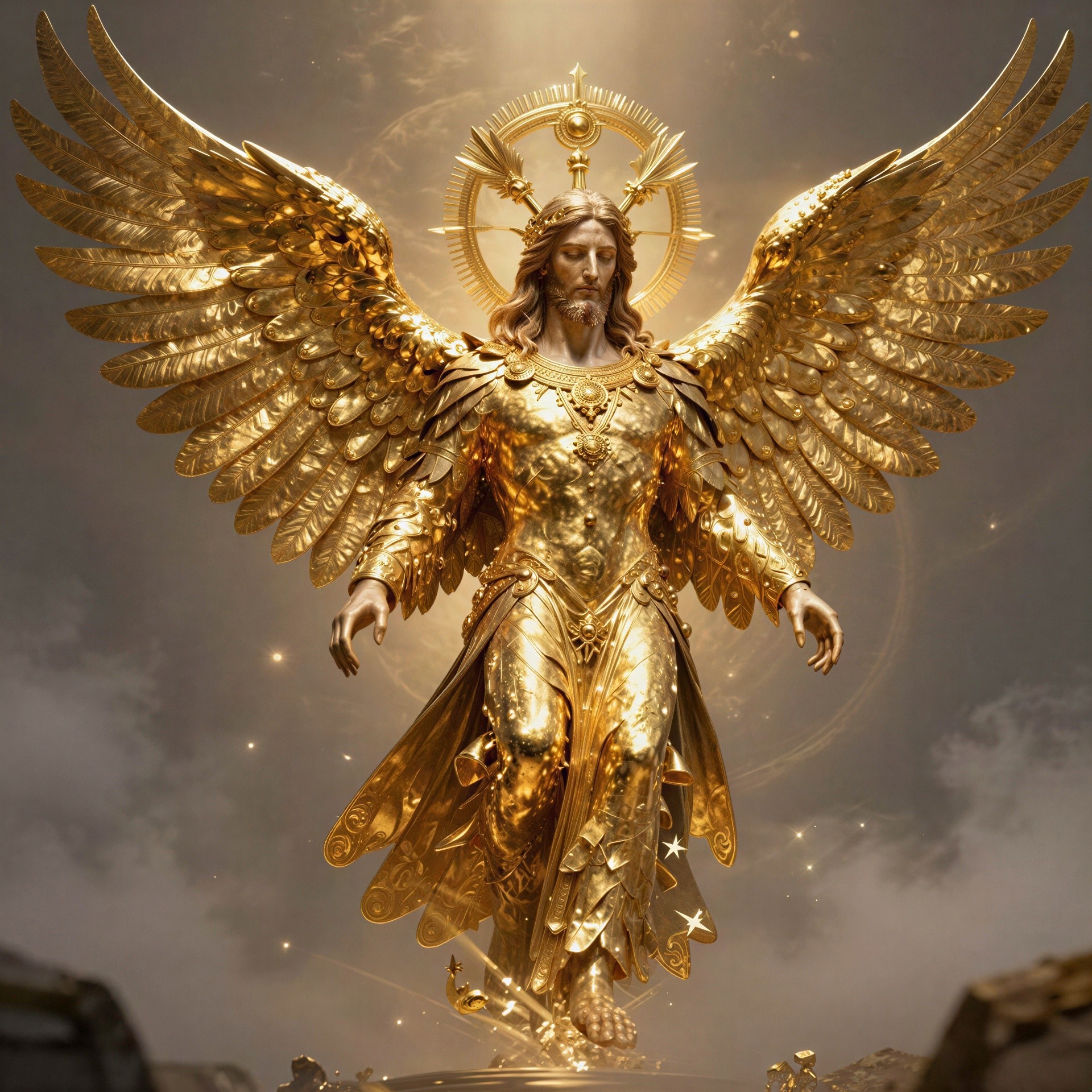Golden Angel Statue with Detailed Wings and Armor
