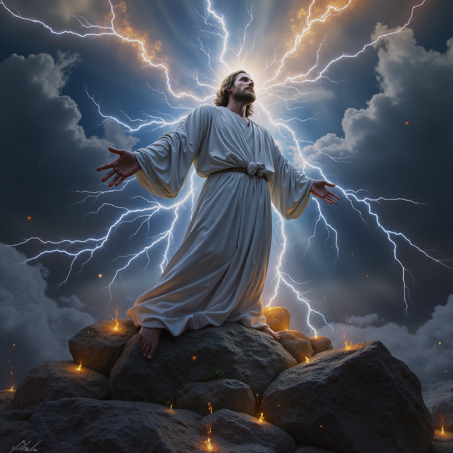Majestic figure in white robes amidst stormy clouds