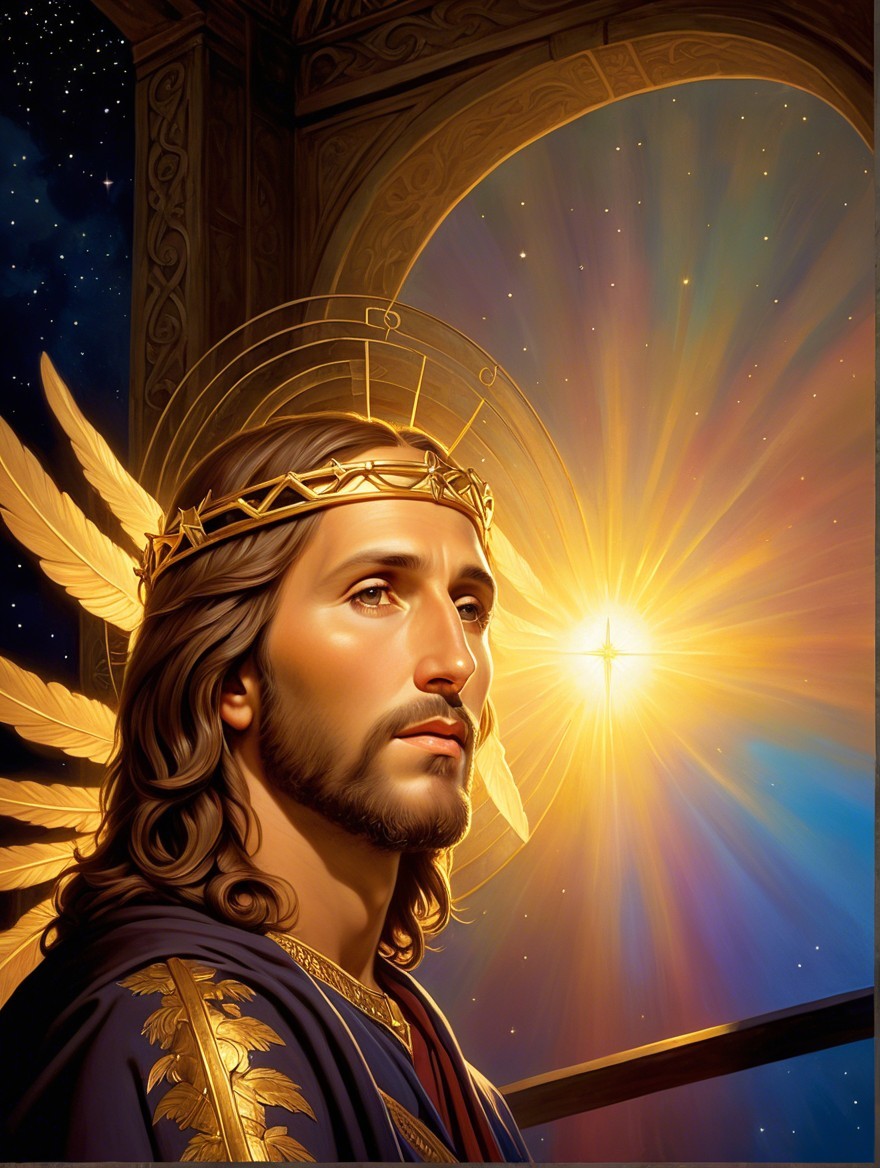 Regal figure with flowing hair and celestial light
