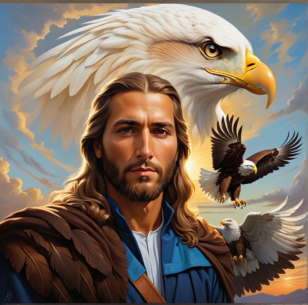 Man with Eagle Head and Vibrant Sky Background