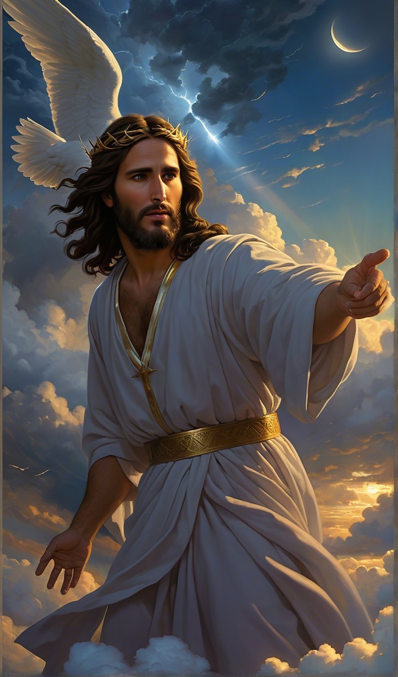 Majestic Figure in White Robes Amidst Celestial Clouds