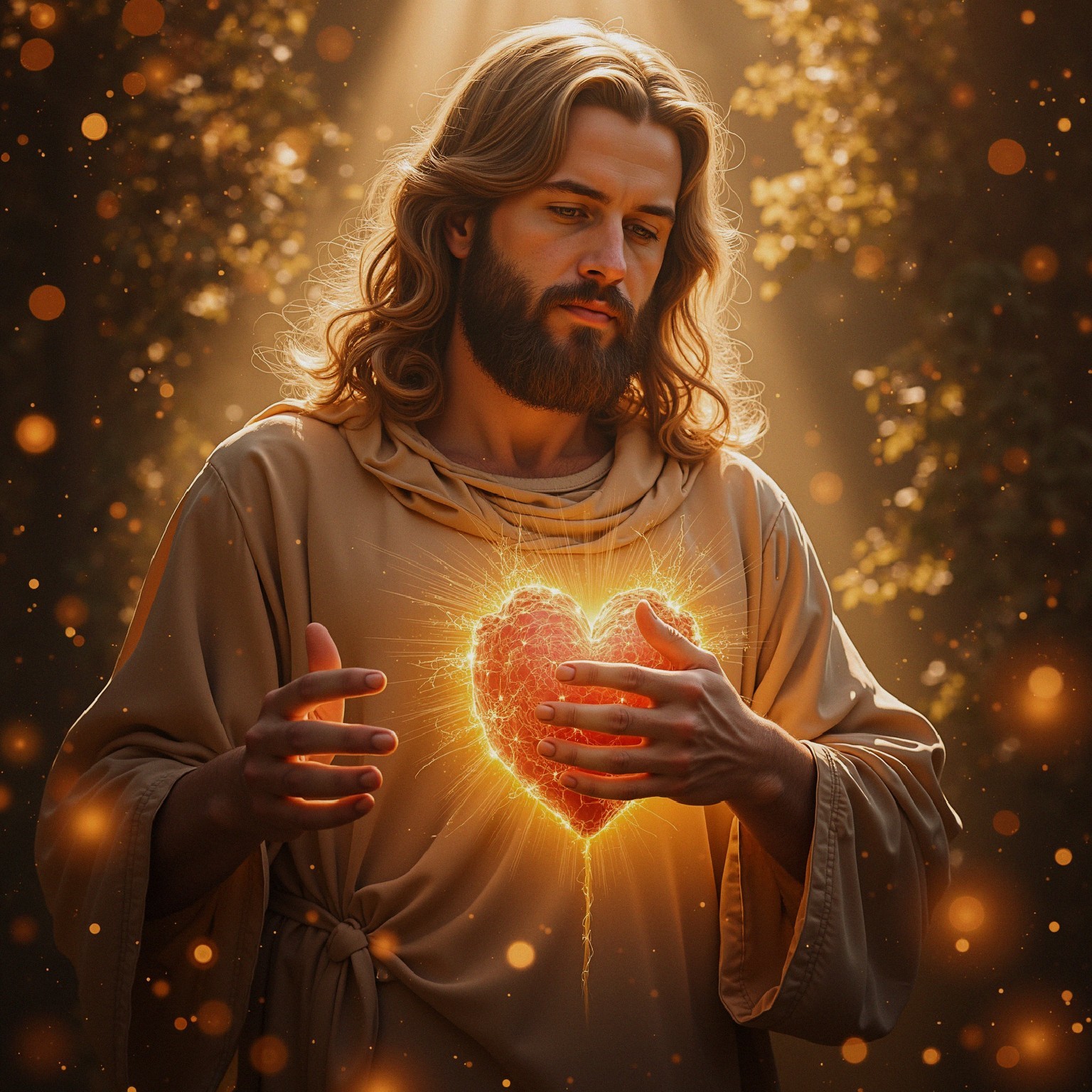 Serene Figure Holding Radiant Heart in Enchanted Forest