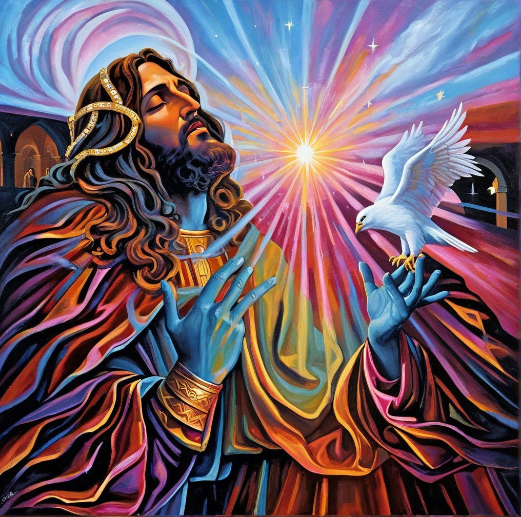 Surreal Figure in Regal Robe with Dove and Colors
