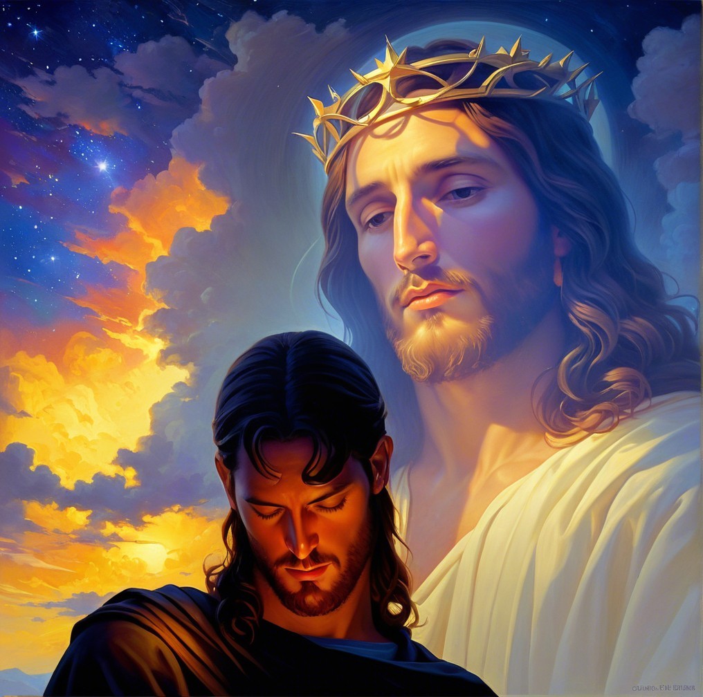 Radiant Figure with Crown of Thorns in Dramatic Sky