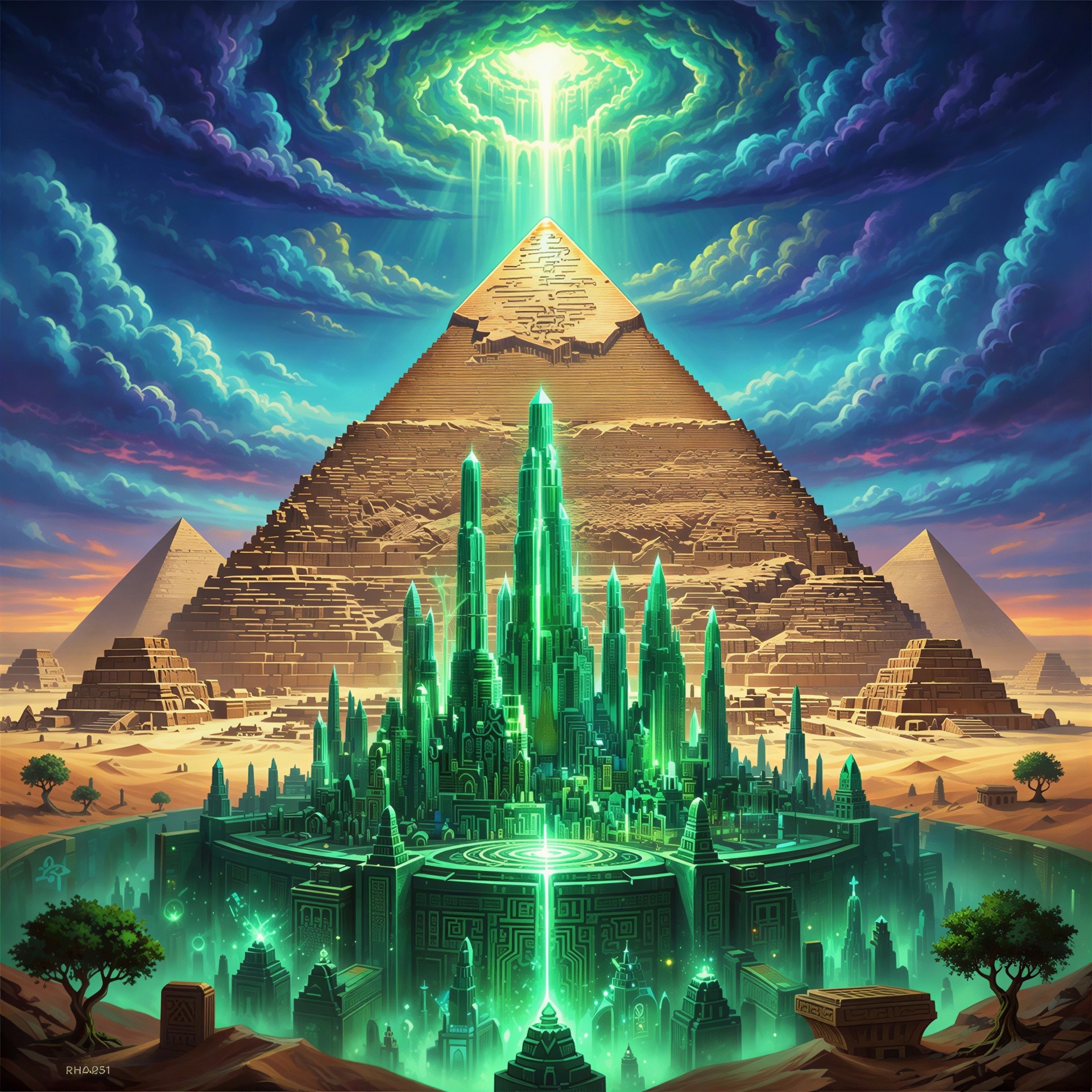 Vibrant Painting of a Fantastical Egyptian Landscape
