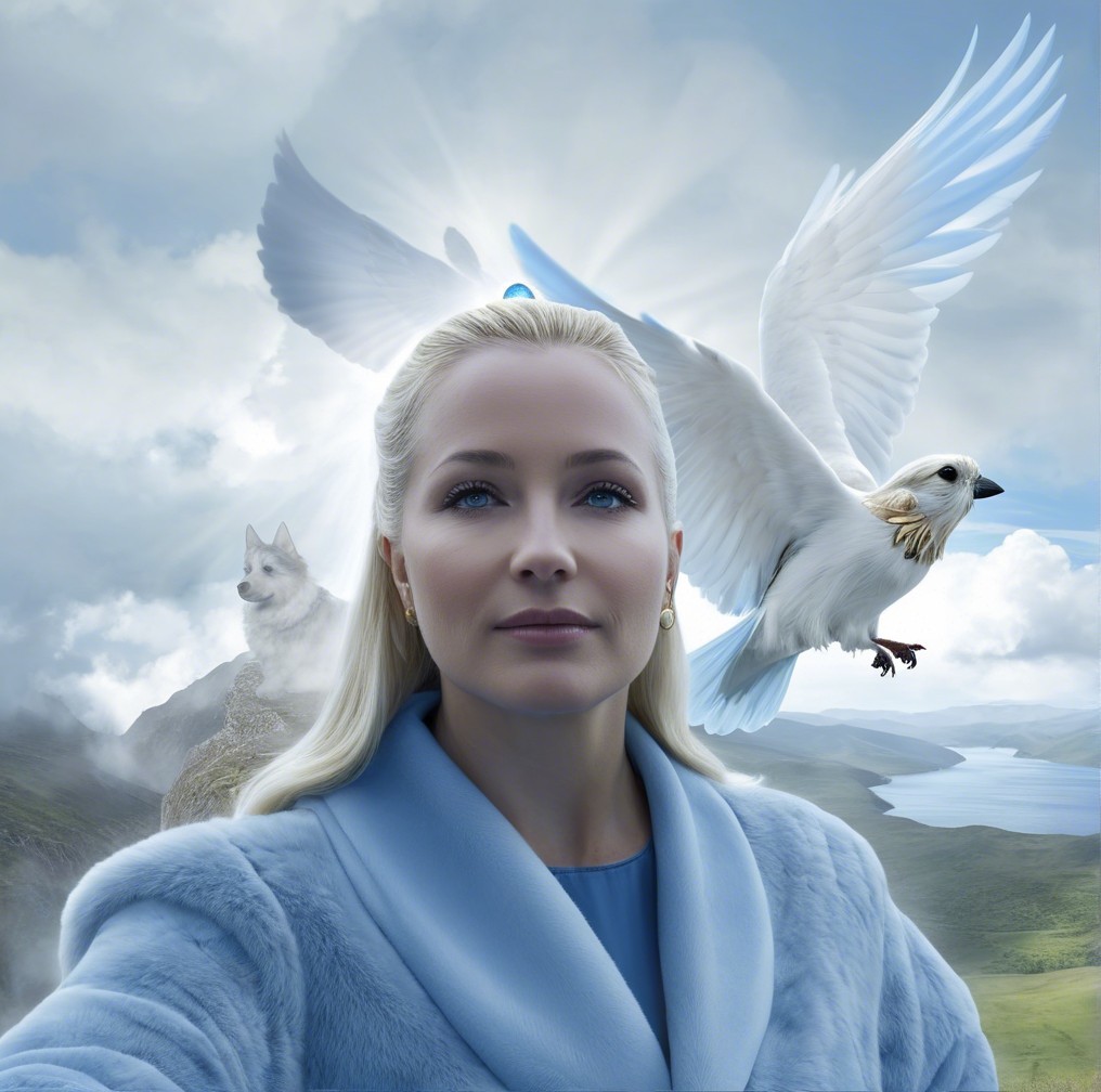 Serene figure with blonde hair in ethereal landscape
