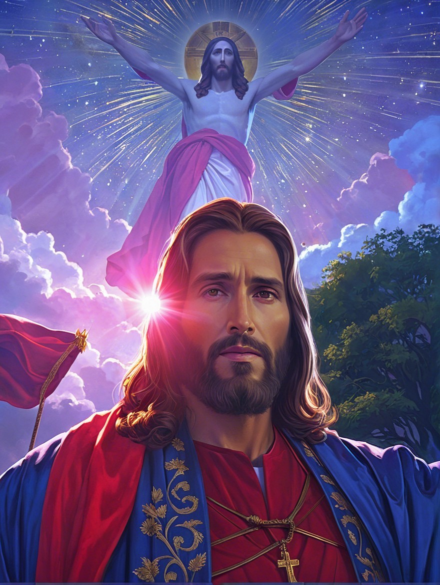 Resurrected Christ Figure in Vibrant Cloud Scene