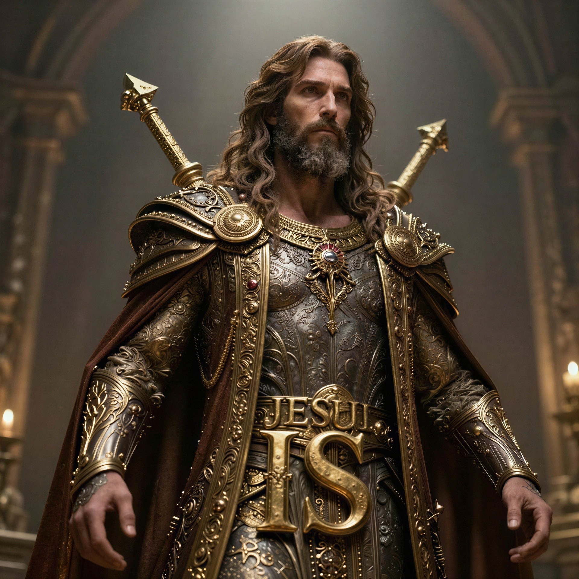 Close-up of a bearded man in ornate gold armor