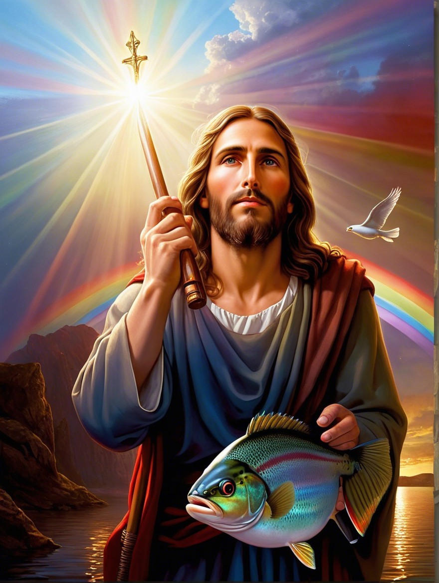 Traditional Figure with Fish and Cross in Vibrant Landscape