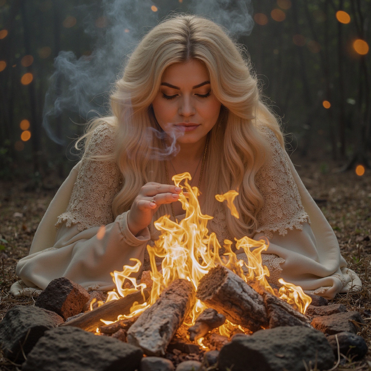 Woman in Forest by Campfire with Serene Atmosphere