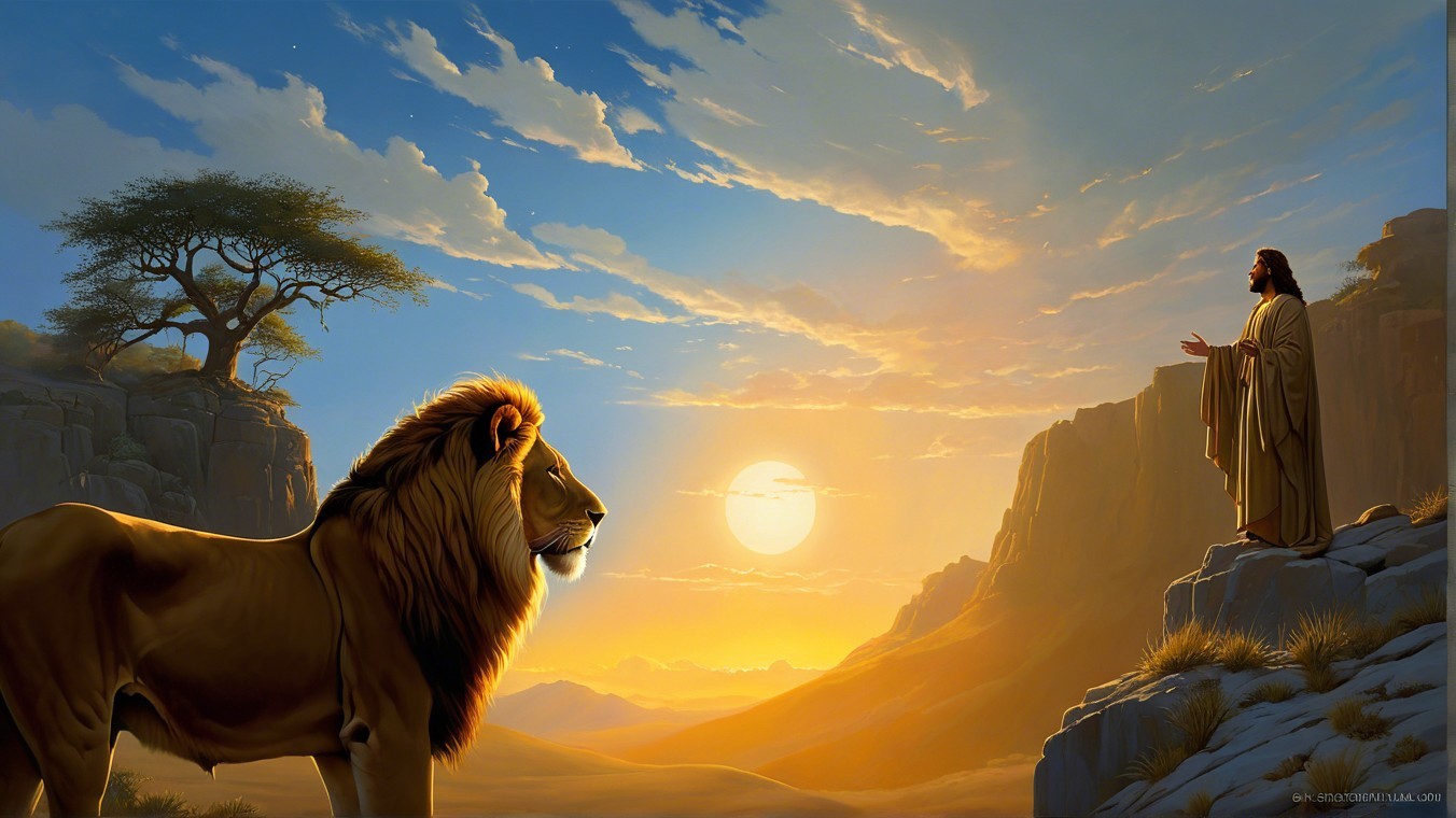 Lion in Golden Landscape at Sunset with Figure