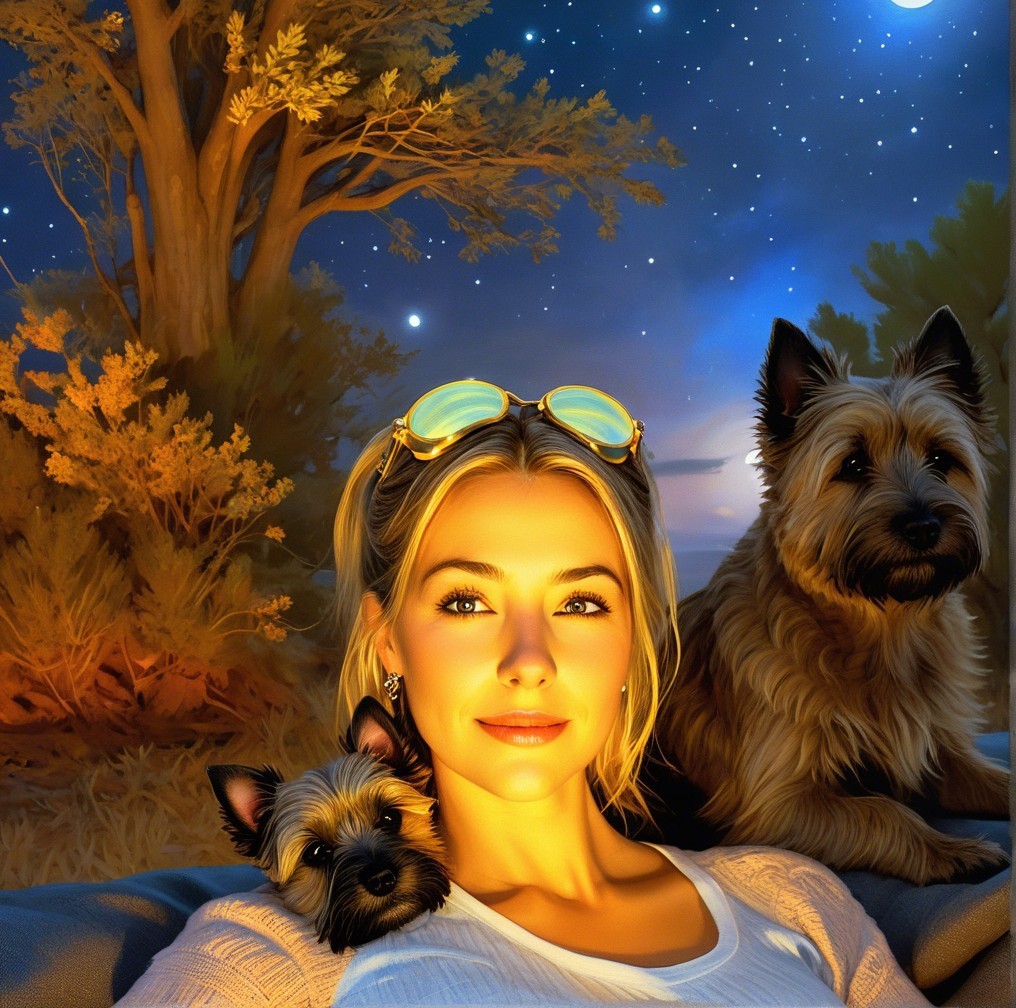 Night Scene with Woman, Puppy, and Starry Sky