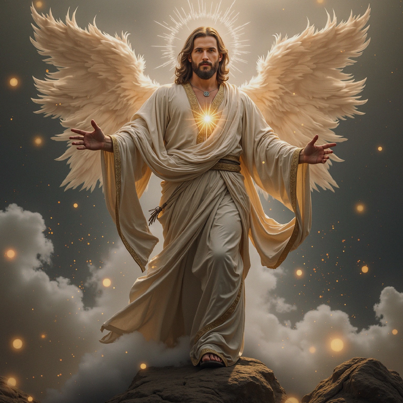 Majestic figure with ethereal wings and glowing aura