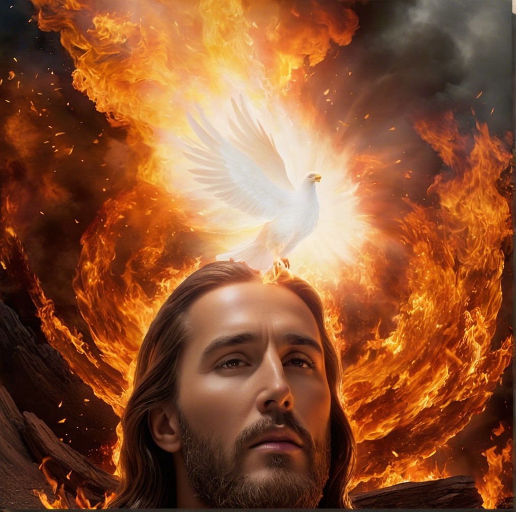 Serene figure with dove and flames in dynamic contrast