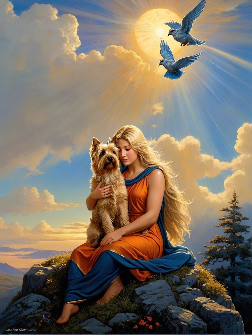 Young Woman in Orange and Blue Gown with Dog Outdoors