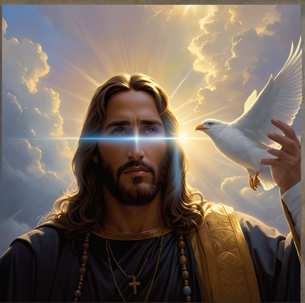 Serene figure with dove in a celestial atmosphere