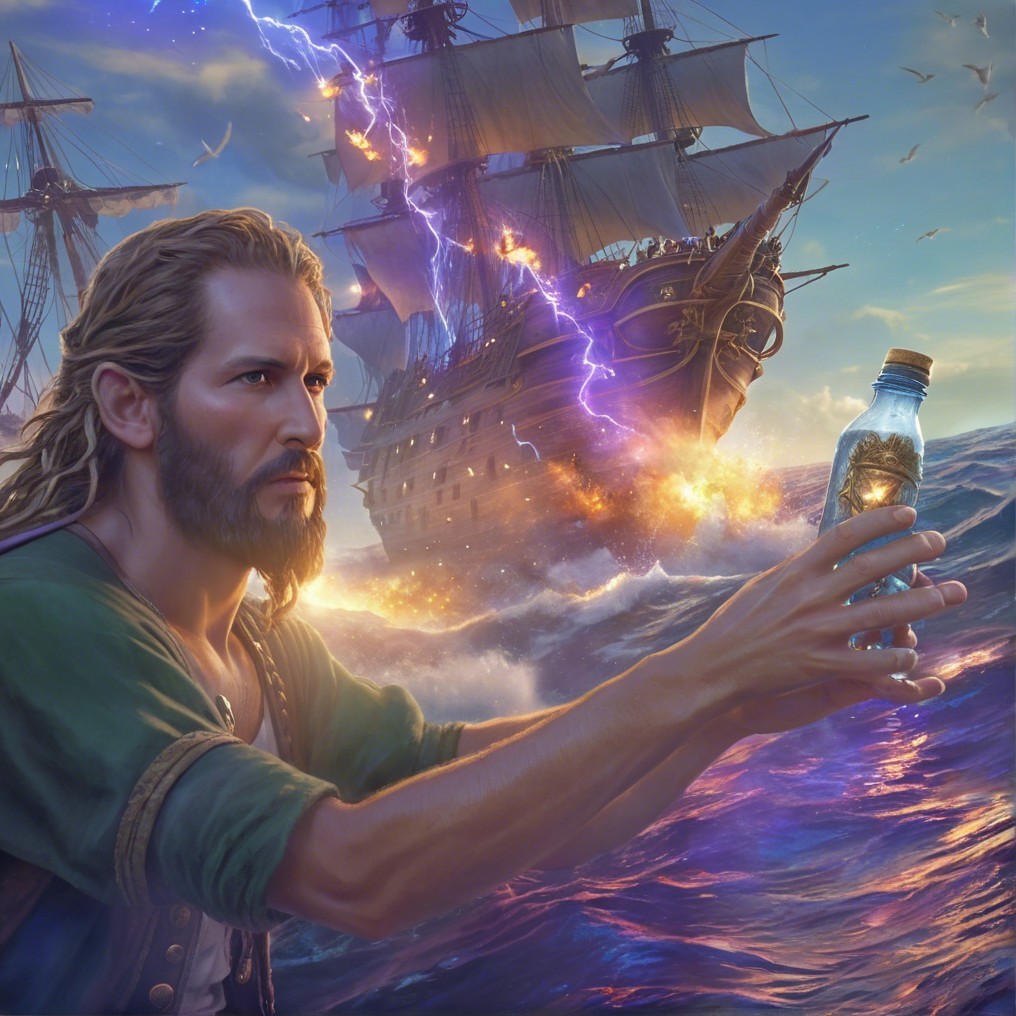 Rugged Man with Glowing Bottle Amidst Stormy Seascape