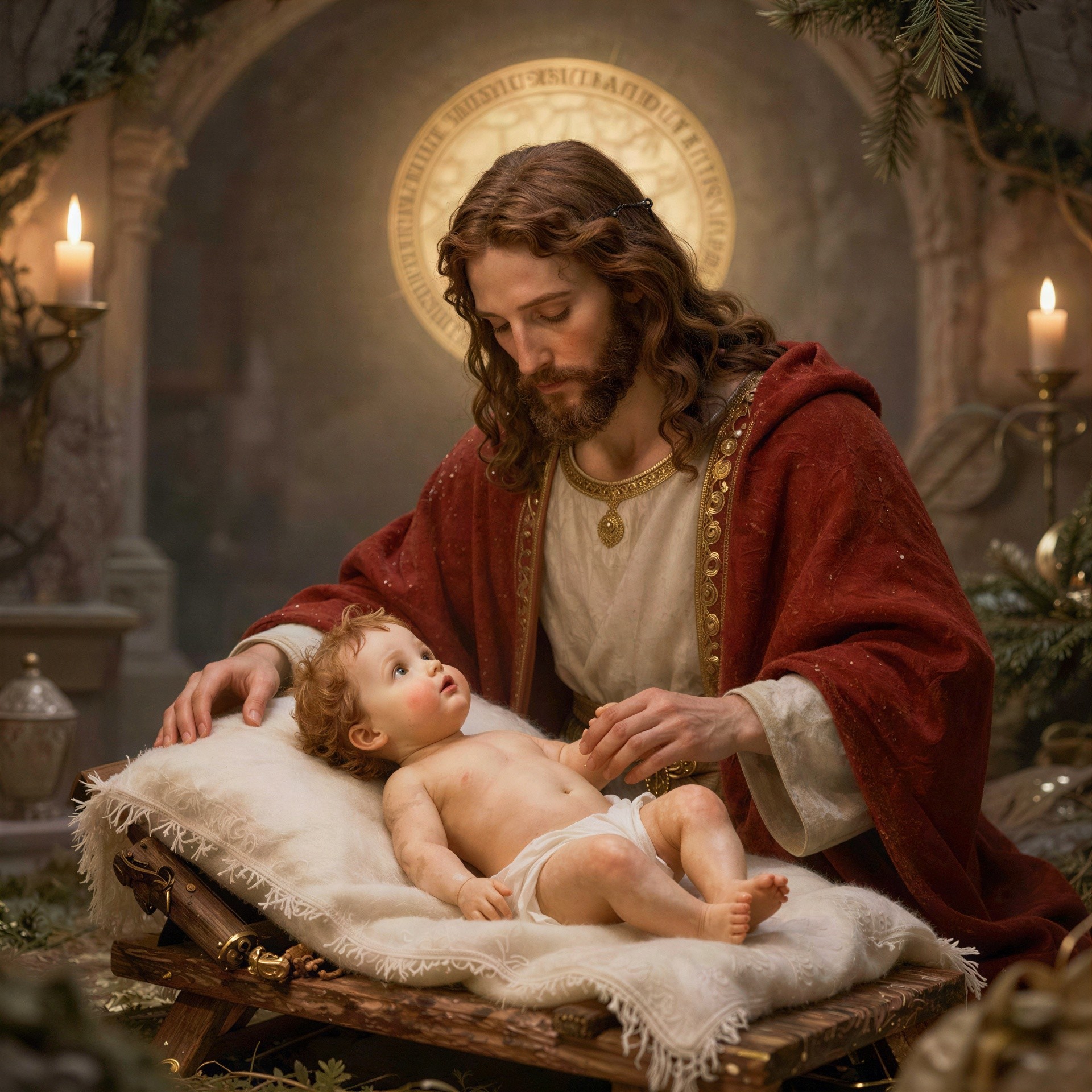 Hyperrealistic depiction of Jesus and Baby Jesus in manger