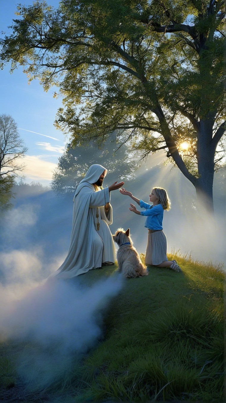 Serene Landscape with Figure, Girl, and Dog in Mist