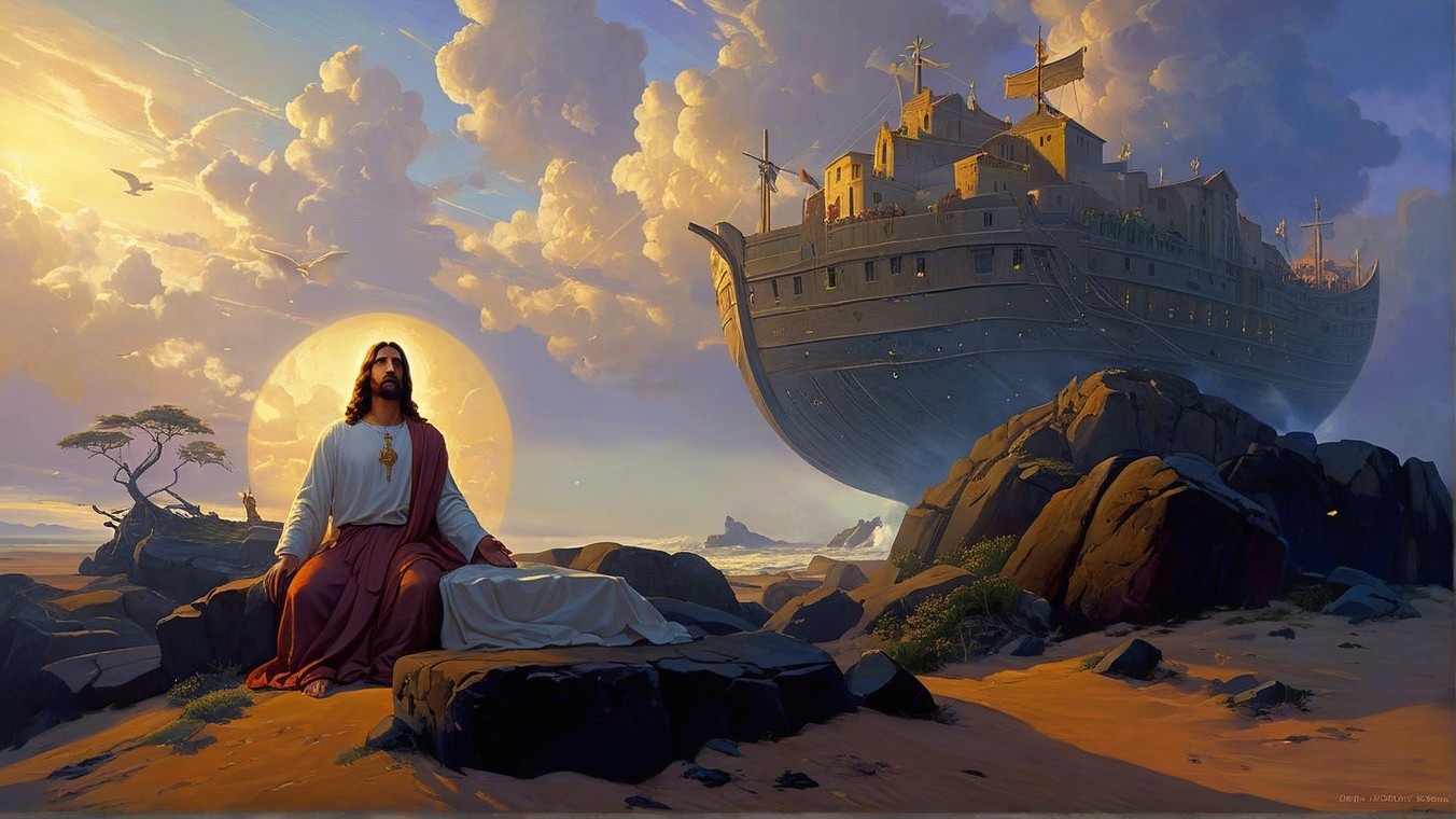 Serene Landscape with Figure in Prayer by the Shore