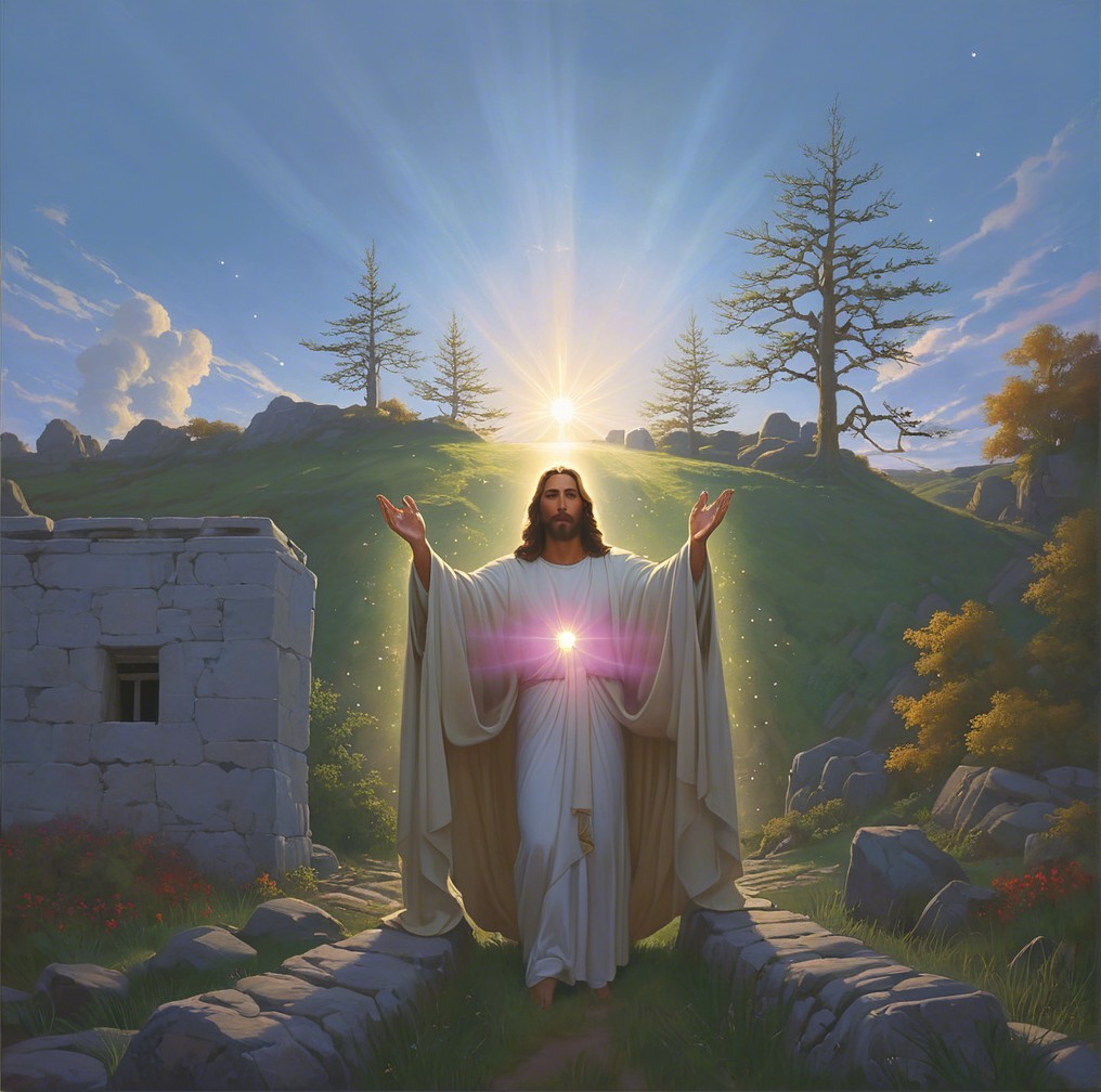 Radiant Figure in Serene Sunrise Landscape