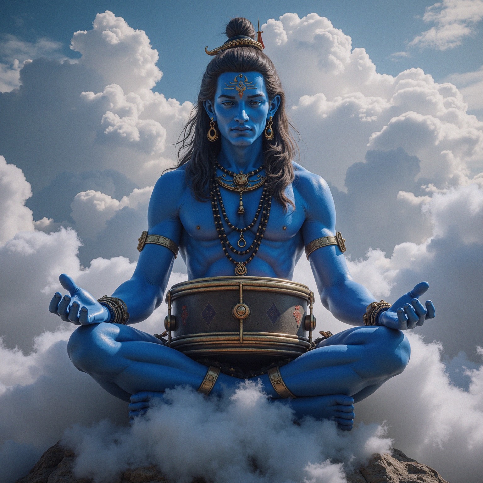 Majestic figure in clouds with blue skin and drum