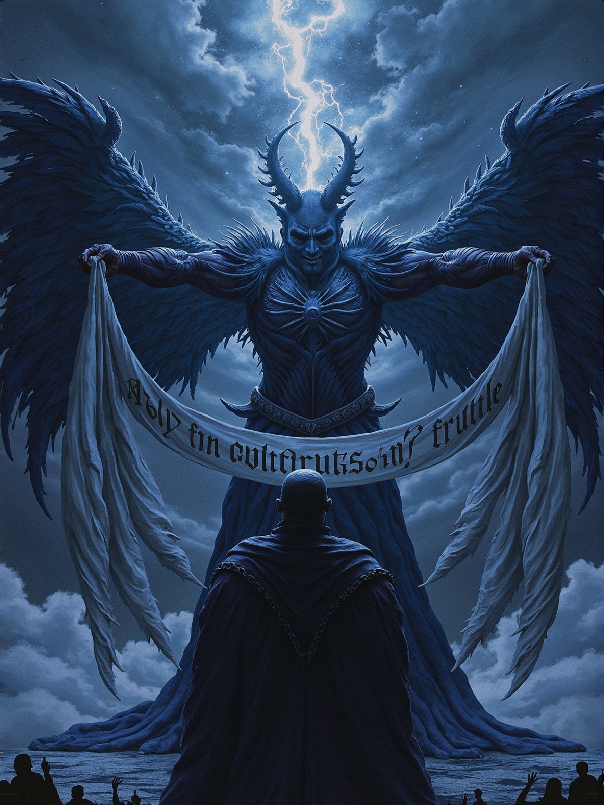 Dramatic Scene of Dark Figure with Wings and Lightning