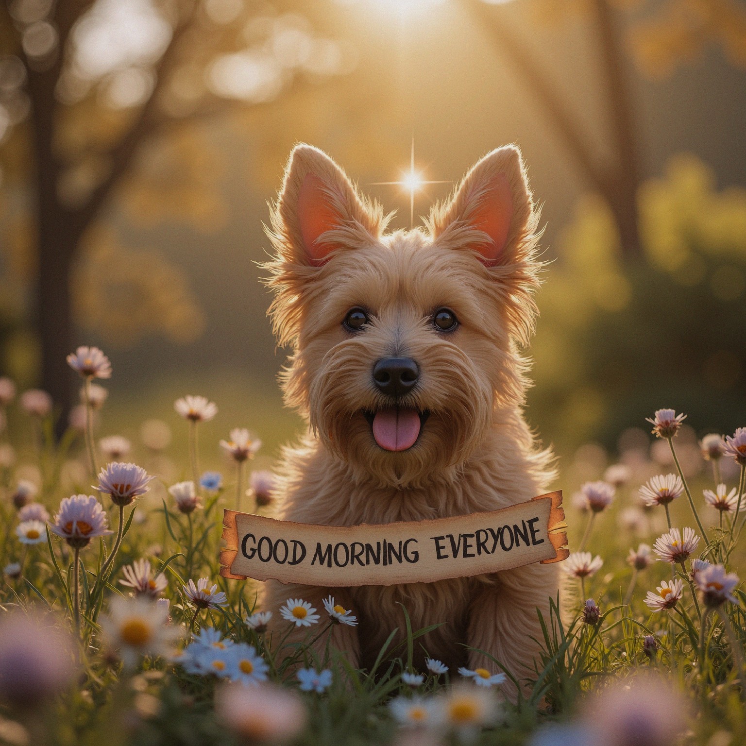 Fluffy Dog in Sunlit Meadow with Flowers and Sign