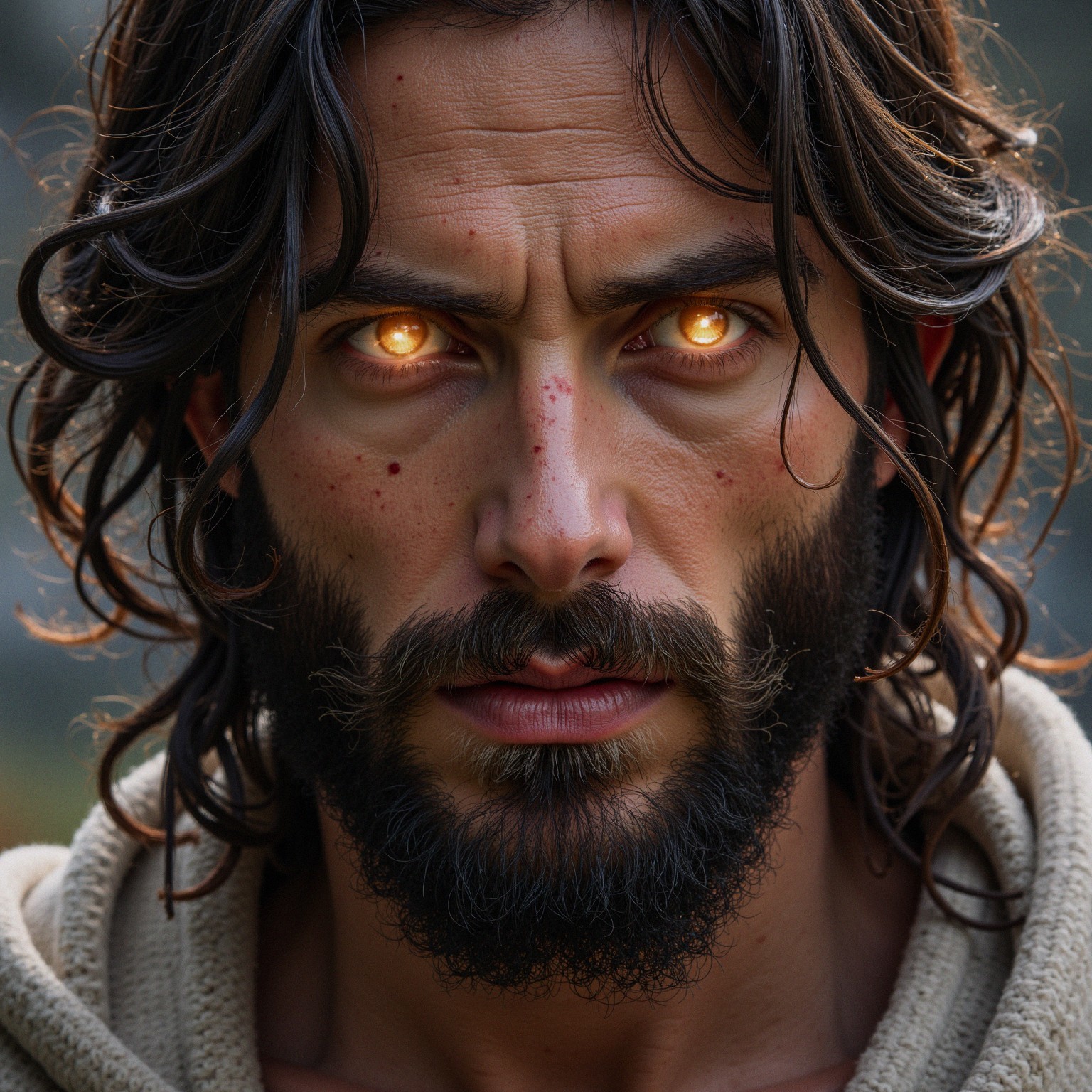 Man with Long Hair and Ominous Orange Eyes