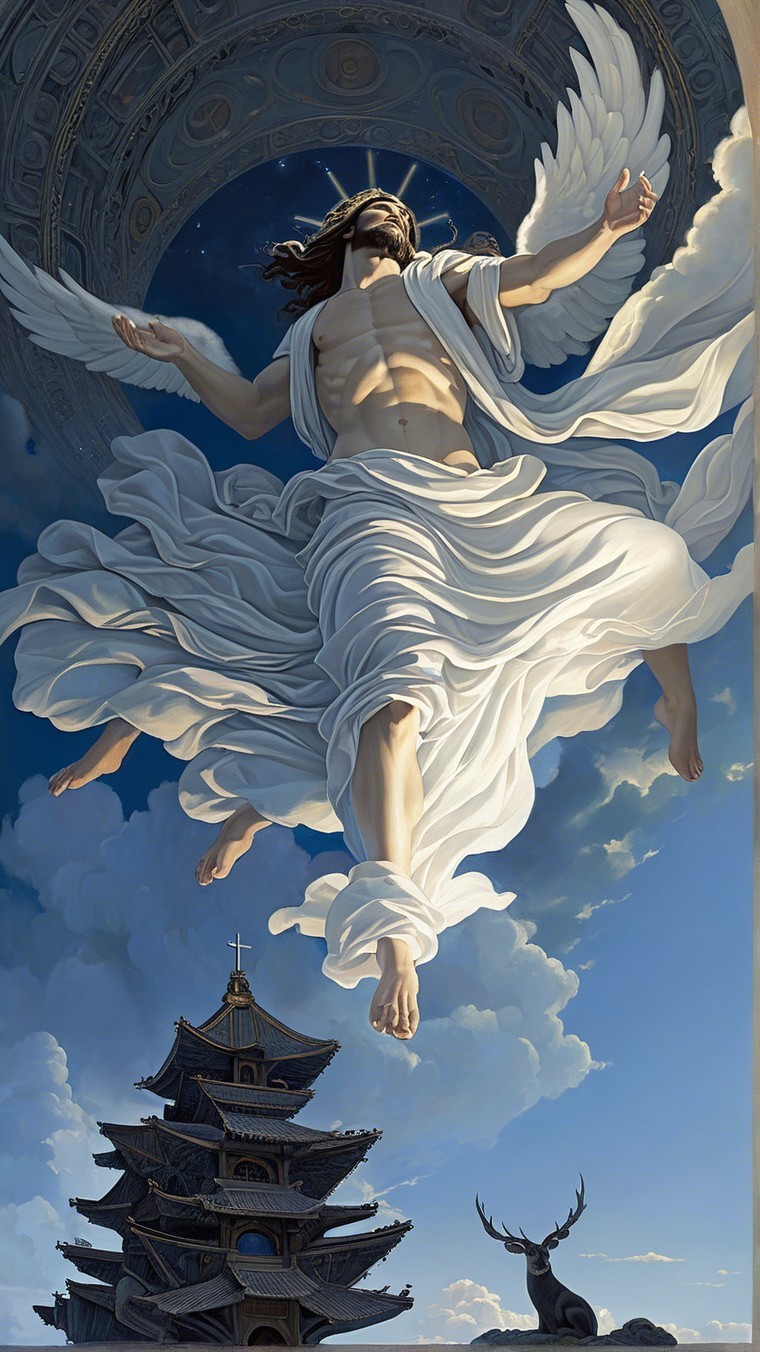 Celestial Figure with Wings Above Majestic Temple Scene