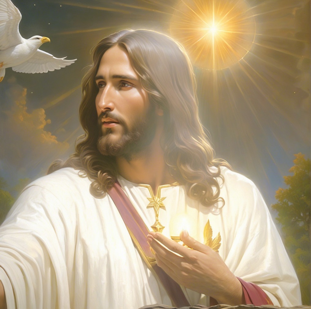 Serene depiction of Jesus Christ with dove and star