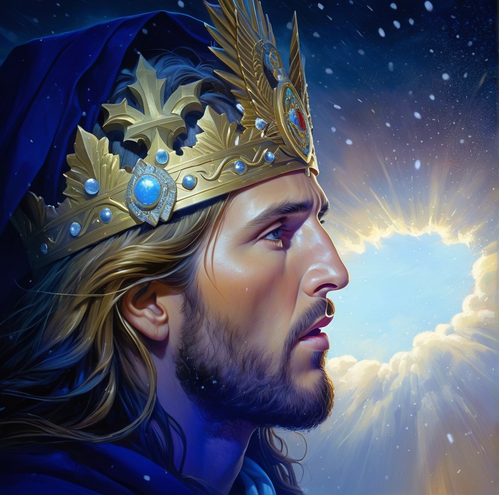 Regal figure with golden crown and dramatic sky backdrop