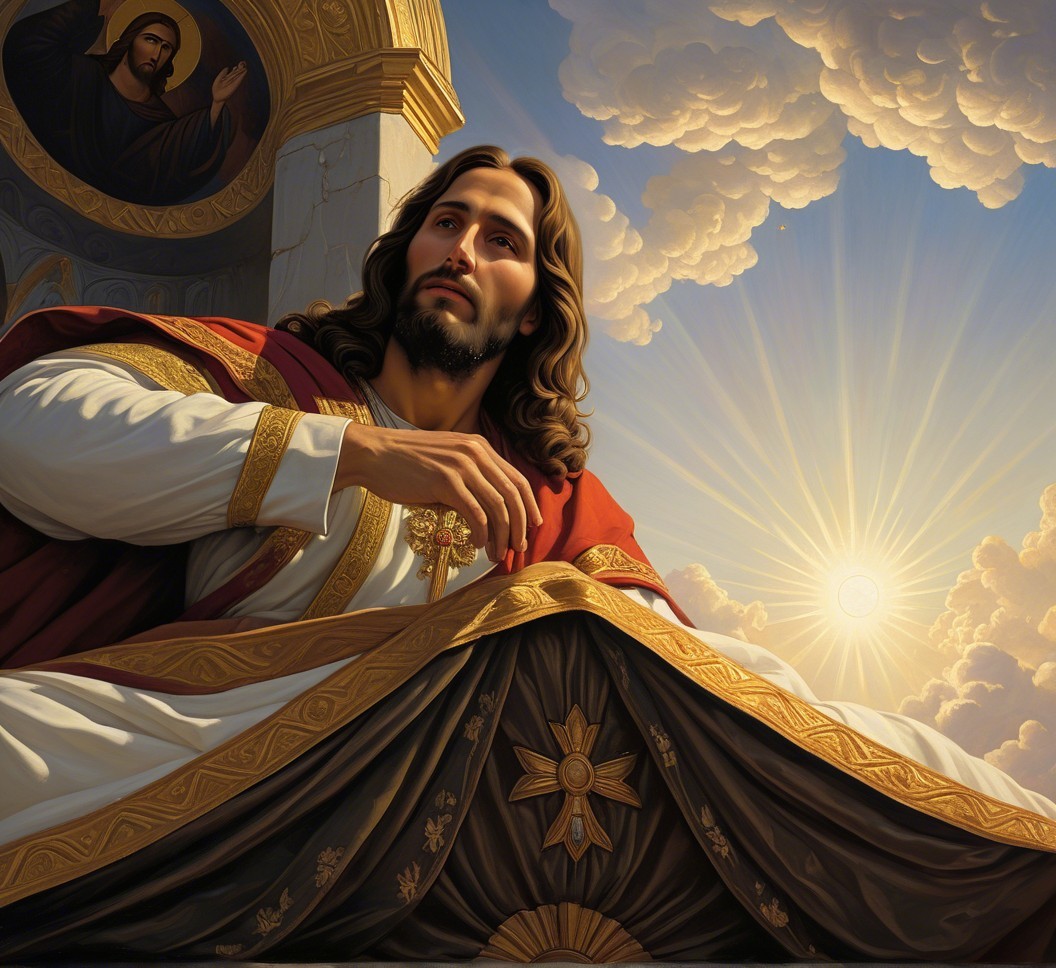 Serene Figure in Ornate Robes Under Soft Light