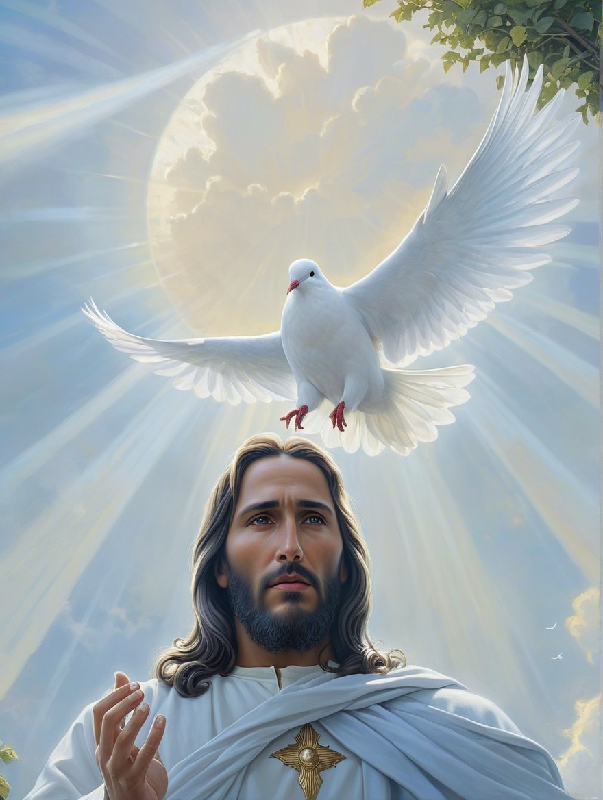 Serene Figure in White Robes with Dove and Sunlight