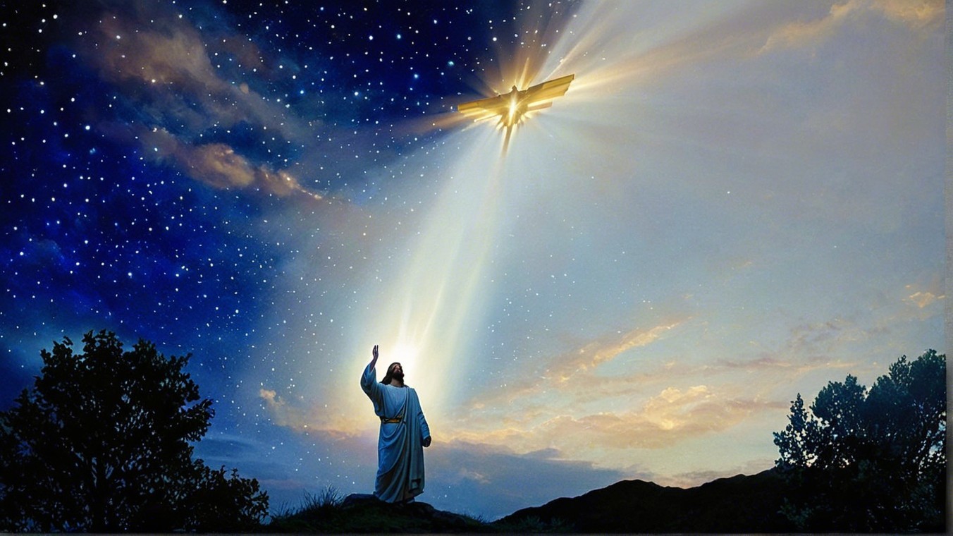 Serene Twilight Landscape with Celestial Light and Figure