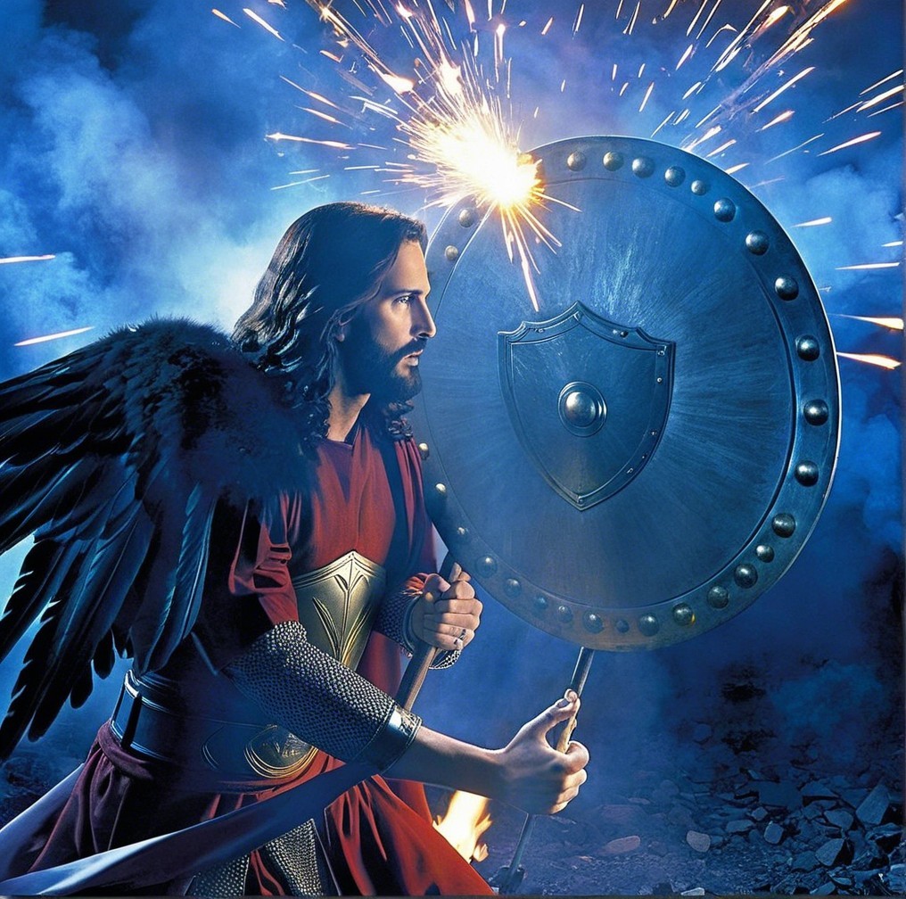 Heroic figure in red tunic with black wings and shield