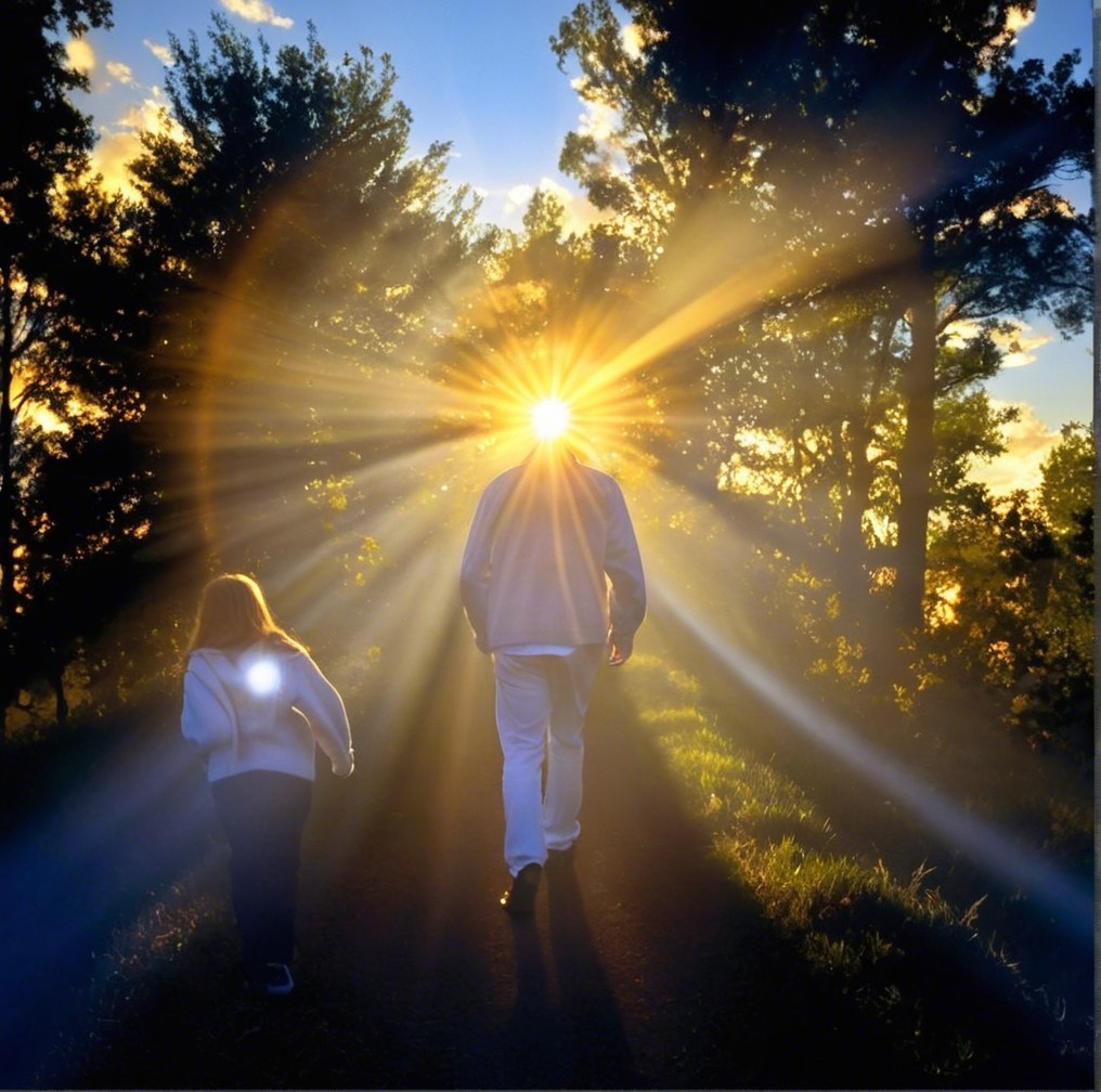 Sunlit Path with Person and Child in Tranquil Scene