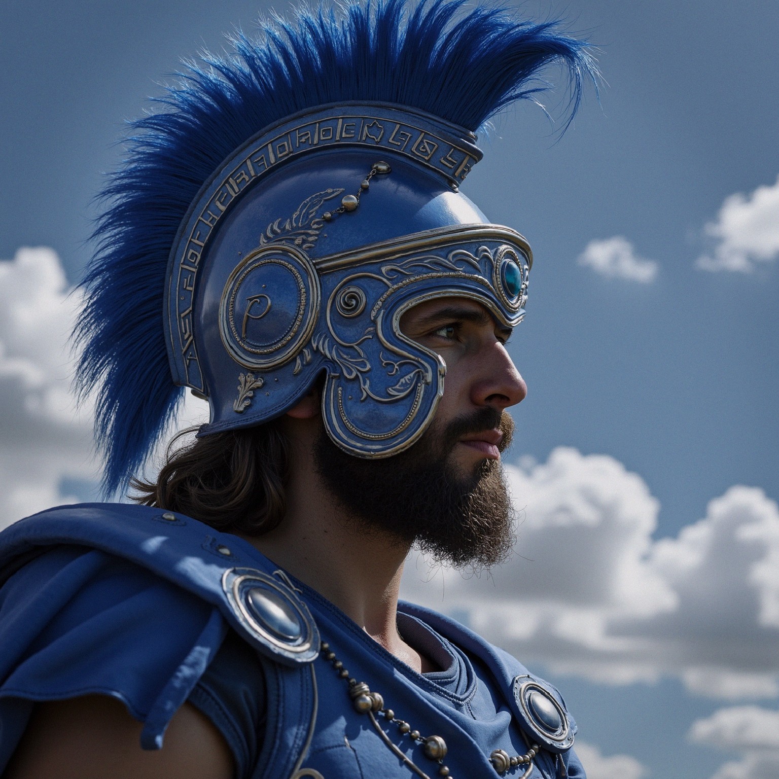 Warrior in Blue Armor Against Cloudy Background