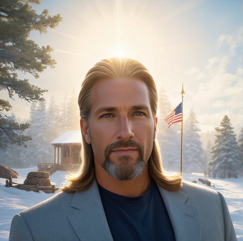 Confident Man in Snowy Landscape with Cabin and Flag