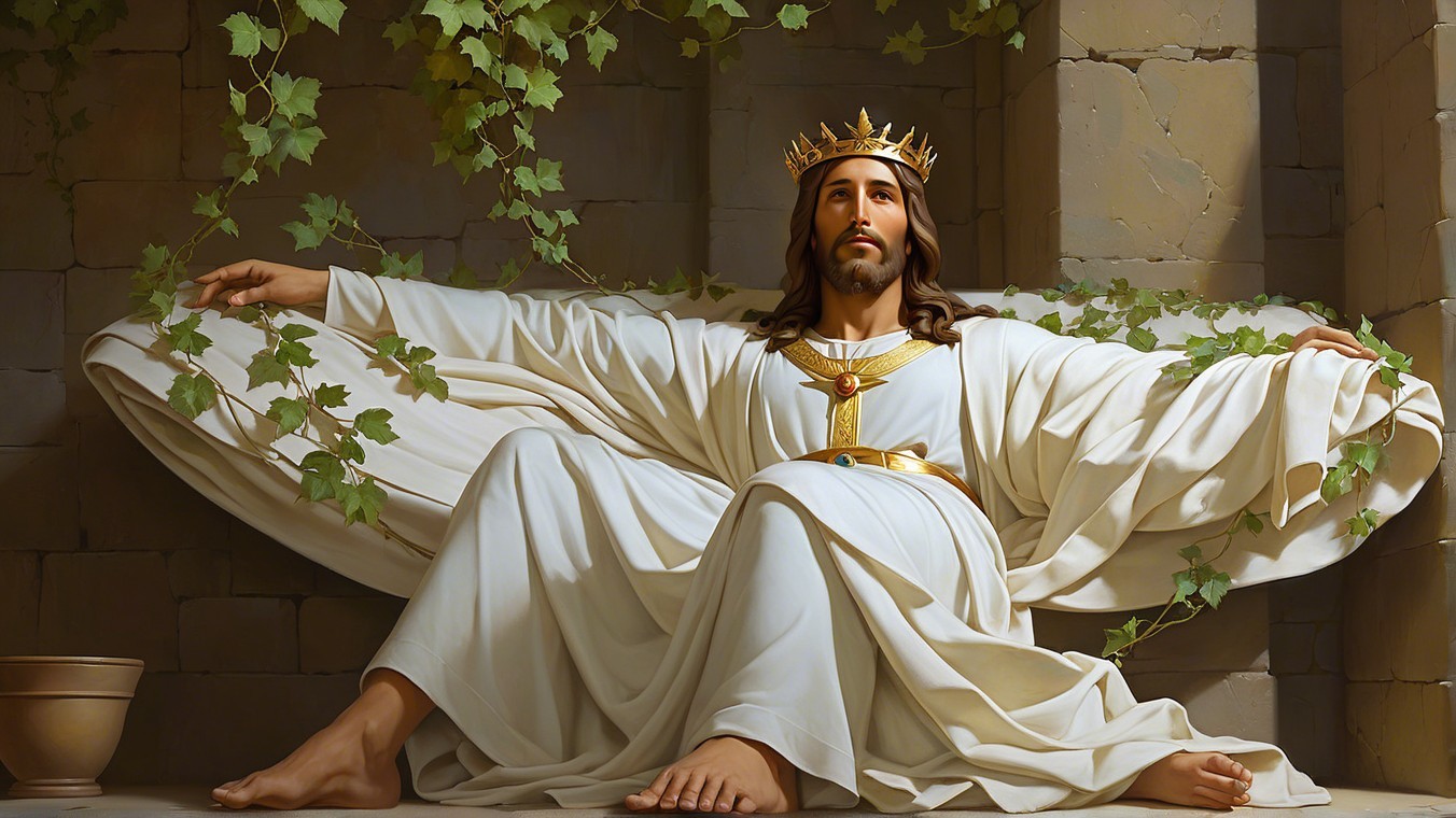 Serene Figure in White Robes Surrounded by Green Vines
