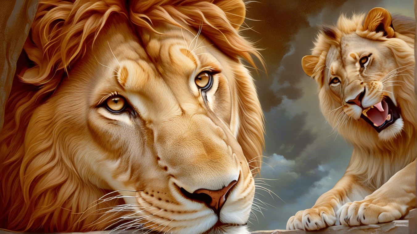 Majestic Lions with Dramatic Backdrop and Striking Features