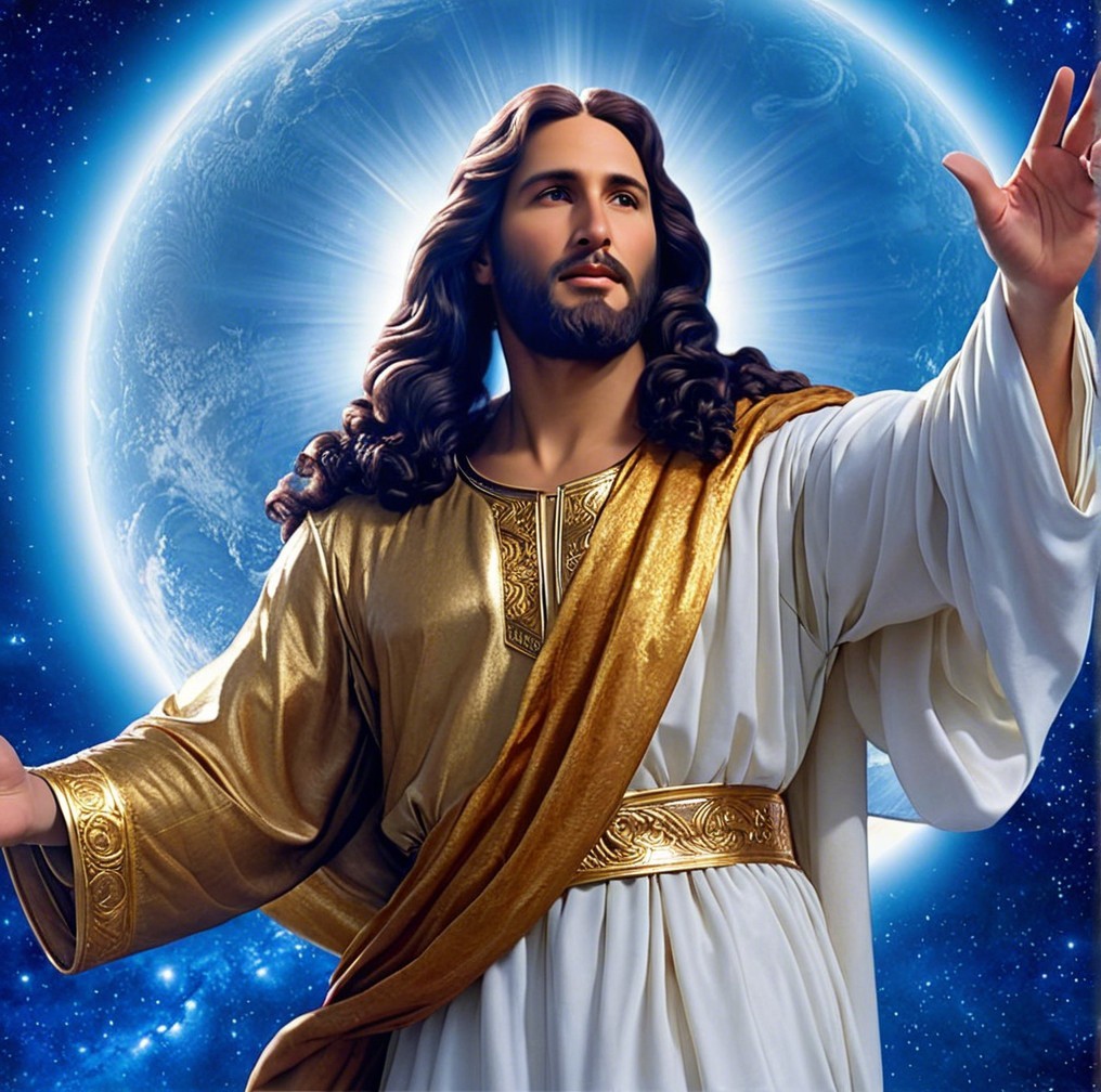 Majestic Figure in White Robes Against Cosmic Background