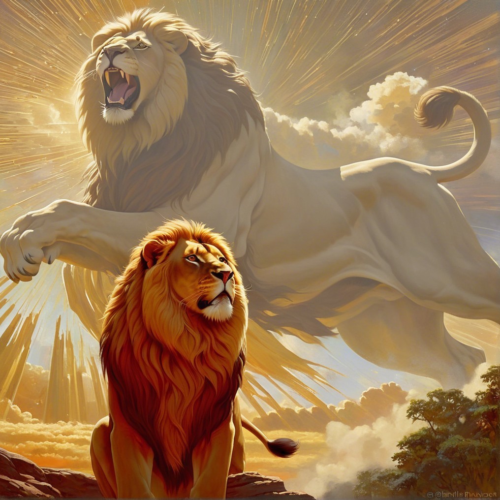 Majestic Lions in Dramatic Golden Light Background