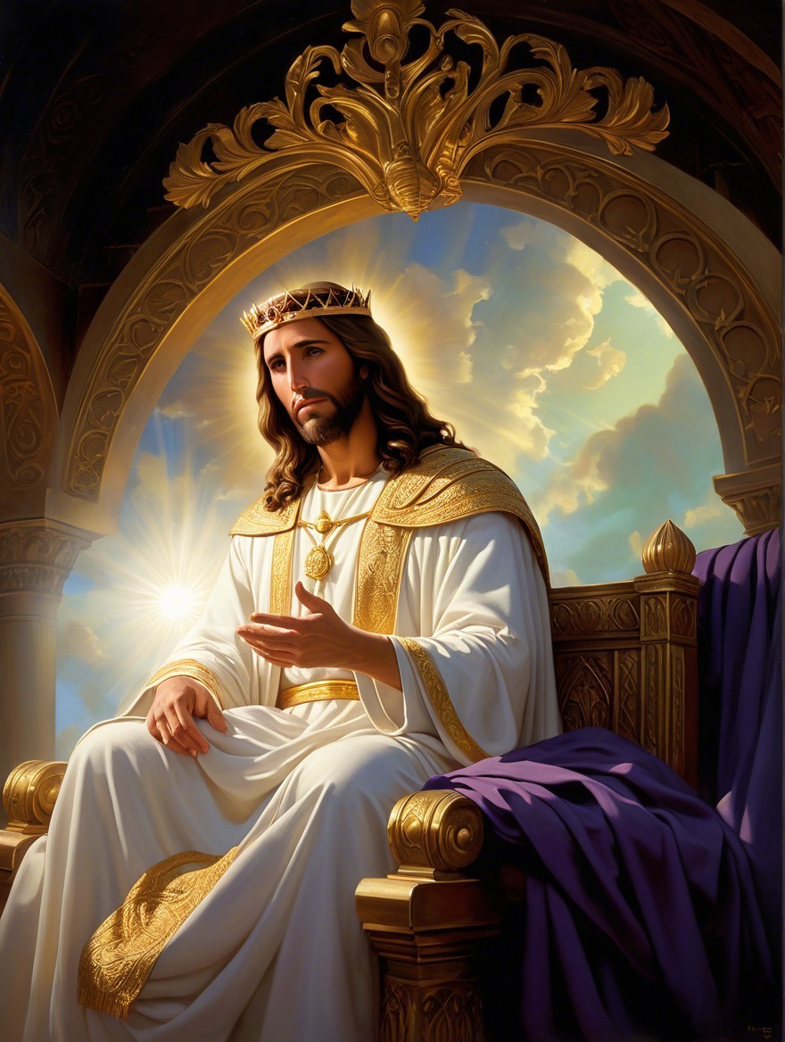 Regal figure on ornate golden throne with divine light