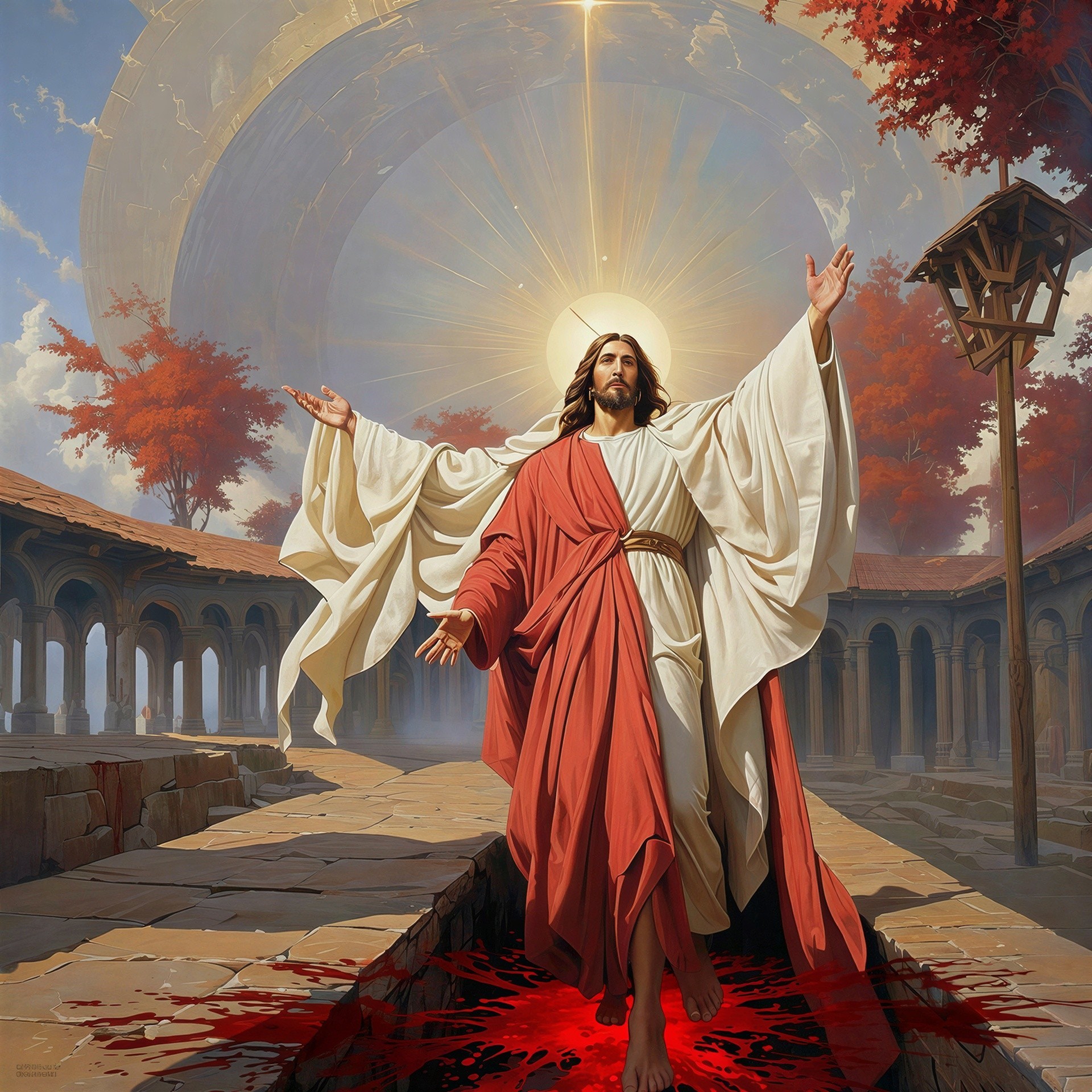Jesus Christ in White Tunic with Red Robe and Halo