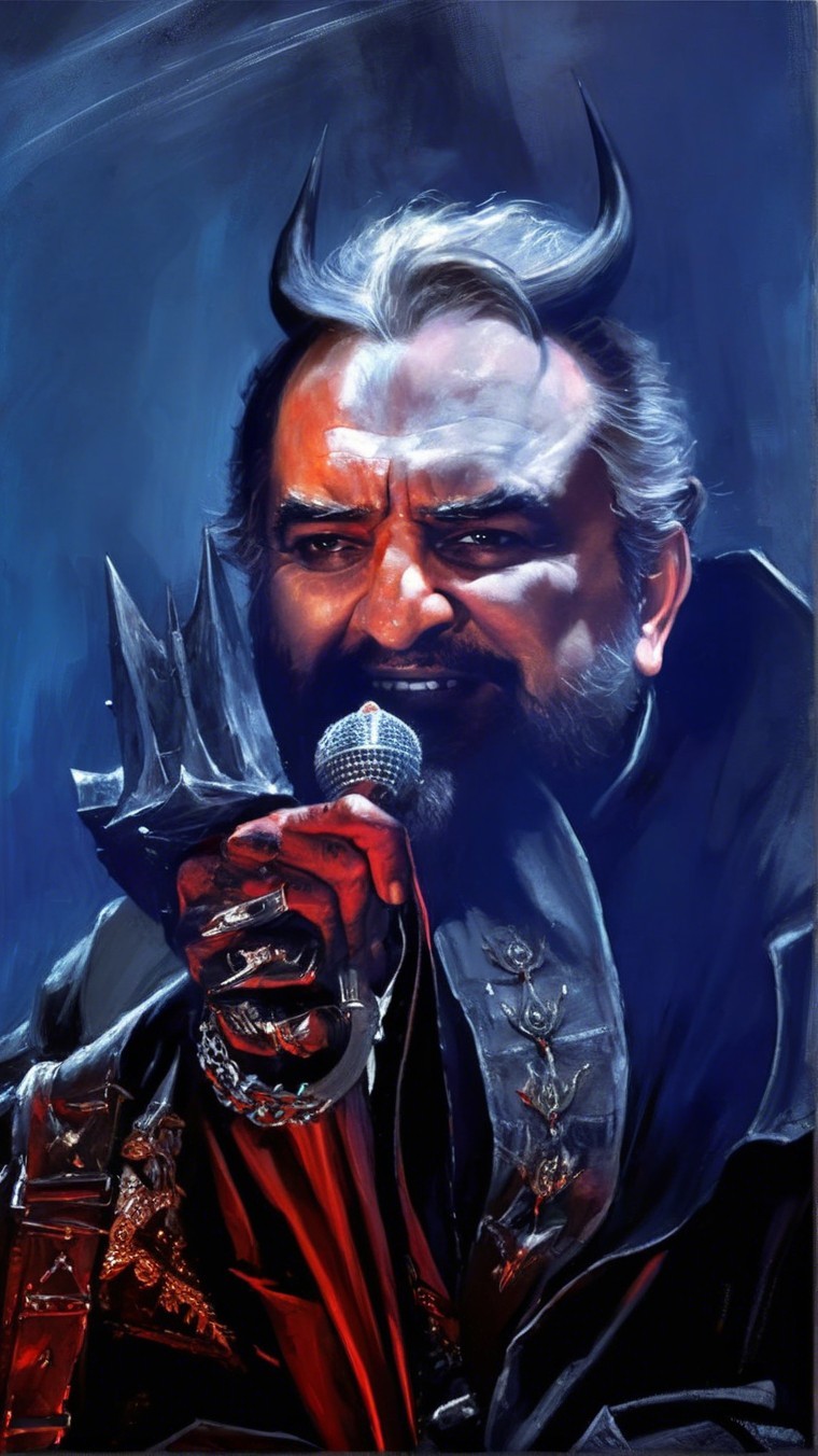 Charismatic figure with horns in dark attire and microphone