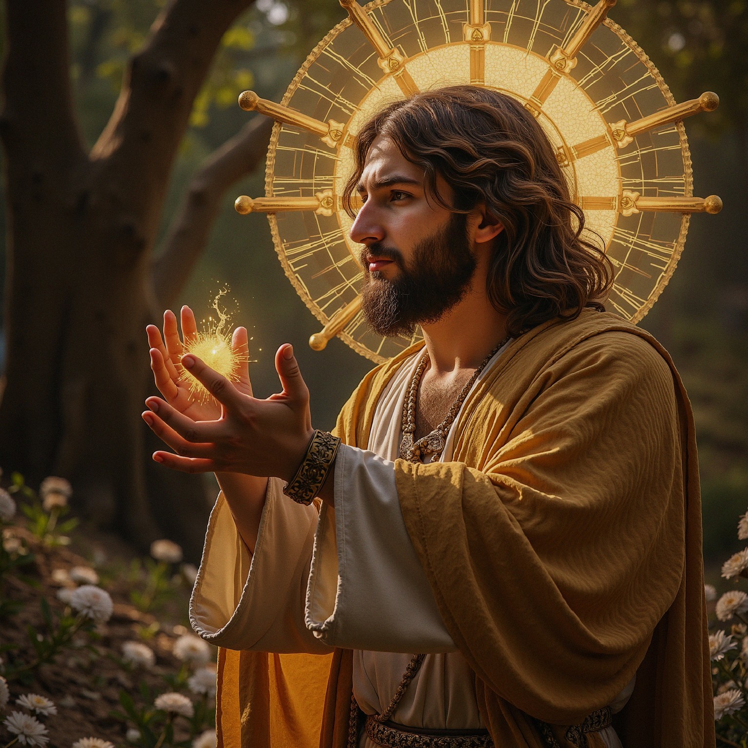 Serene figure in golden robe in sunlit forest