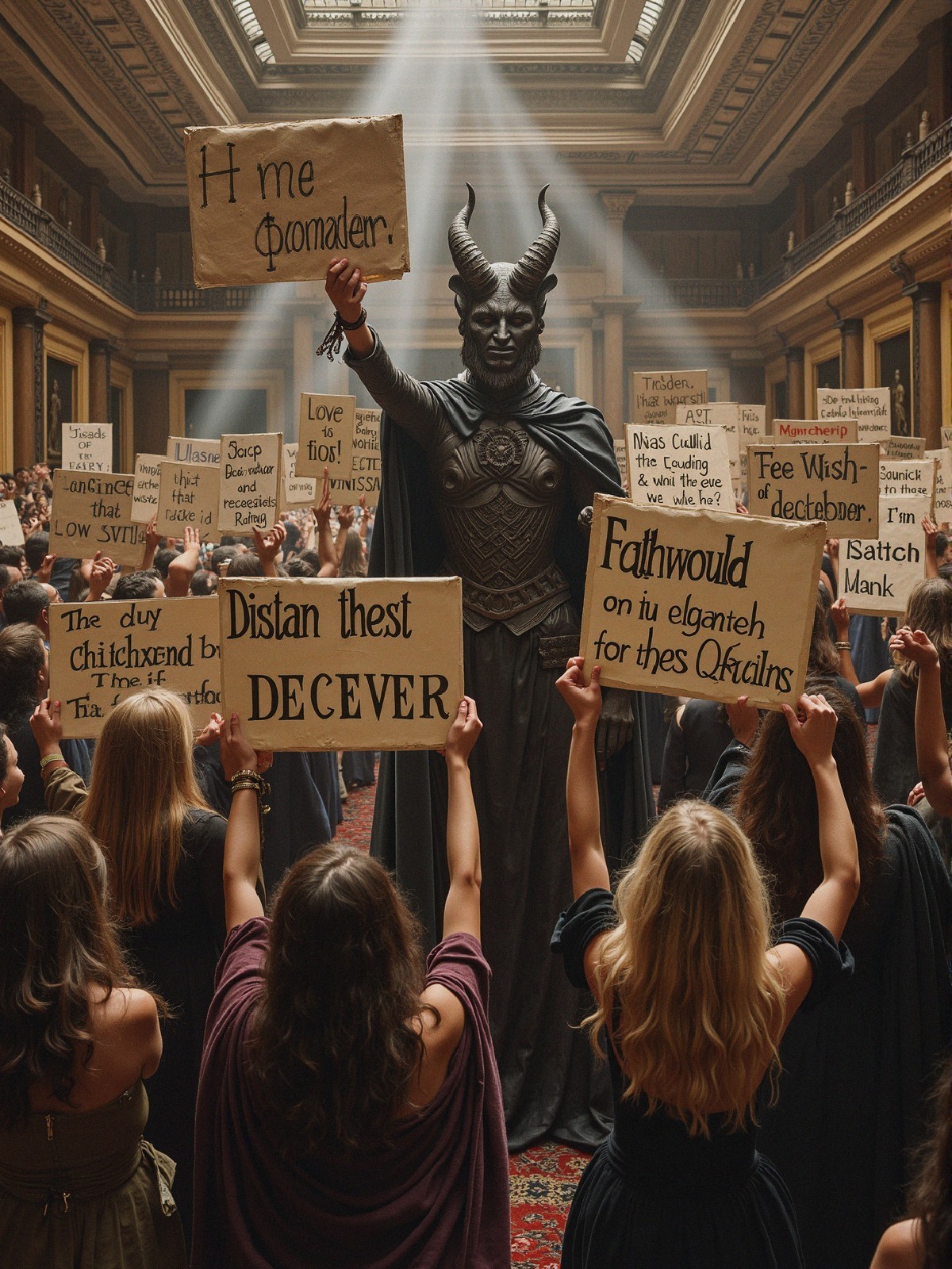 Dark Deity Surrounded by Followers in Grand Hall
