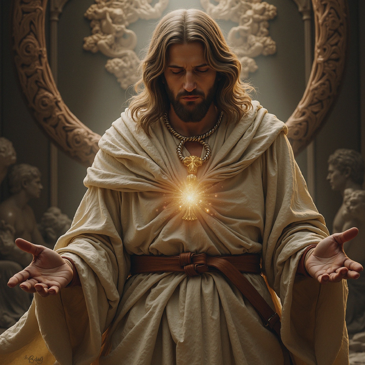Figure in Cream Robes with Golden Light and Stone Reliefs